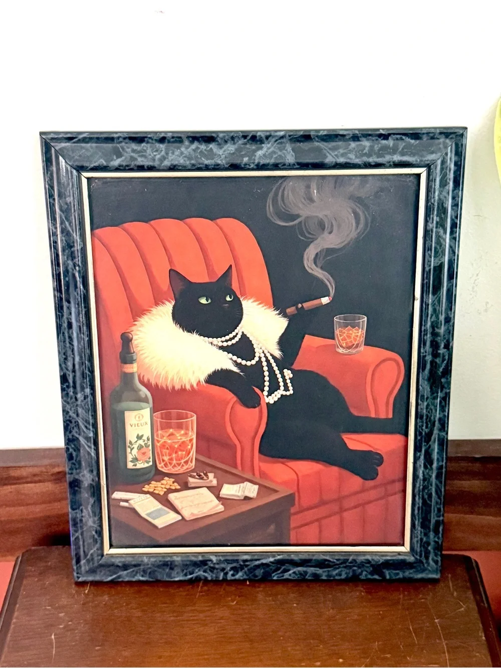 Fancy Fat Black Cat Smoking Cigar Drinking Whiskey Quirky Wall Art Framed Art